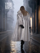 Light gray mink fur coat with full-length hood and open back, long sleeves.