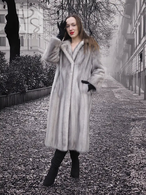 Sapphire Grey Mink Fur Coat S/M Excellent featured in a misty urban setting. Full-length fur coat exudes vintage charm and sustainable luxury.