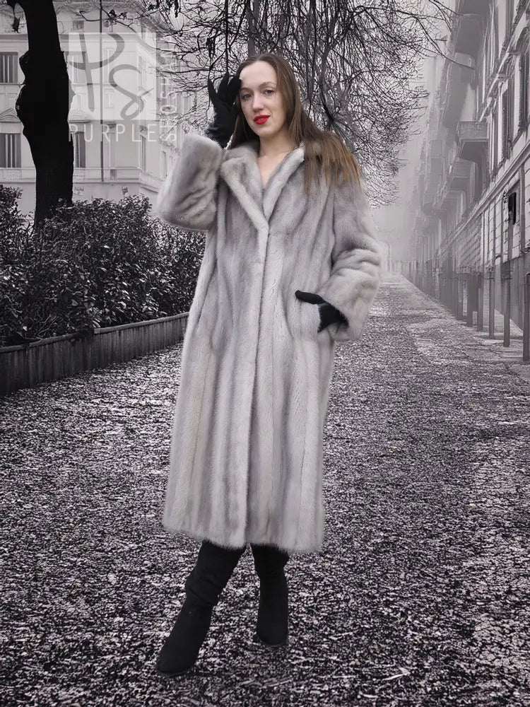 Sapphire Grey Mink Fur Coat S/M Excellent featured in a misty urban setting. Full-length fur coat exudes vintage charm and sustainable luxury.