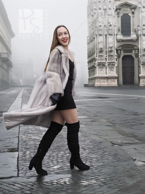 Sapphire grey mink fur coat with large shawl collar, long sleeves, side view