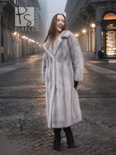 Sapphire grey mink fur coat with plush stand collar and A-line silhouette
