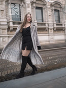 Grey mink fur coat with open front and long sleeves