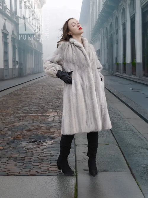 Light gray mink fur coat with stand collar and long sleeves, full-length front view