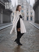 Light gray mink fur coat with stand collar, long sleeves, front-length view