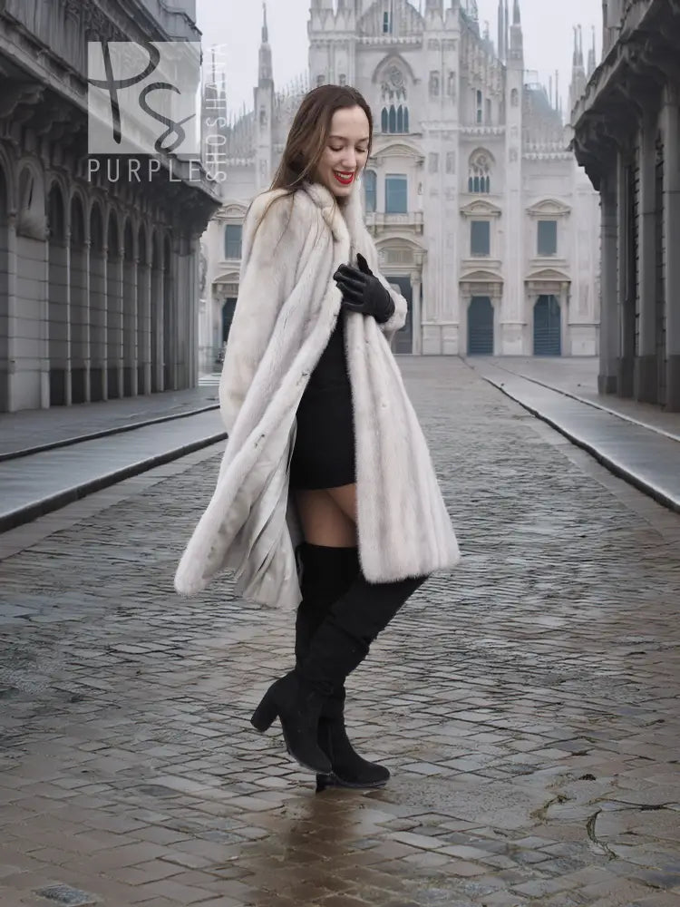 Light gray mink fur coat with stand collar, long sleeves, front-length view