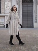 Light gray mink fur coat with textured fur, stand collar, long sleeves