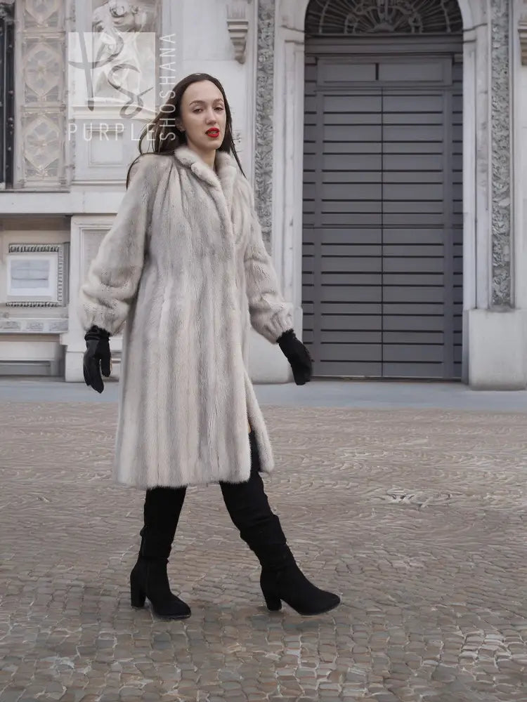 Light gray mink fur coat with textured fur, stand collar, long sleeves