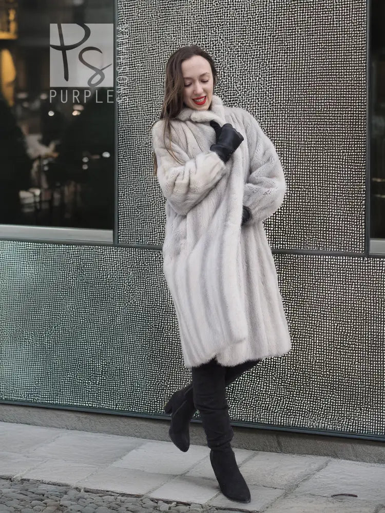 Light gray mink fur coat with wide collar and long sleeves, relaxed fit
