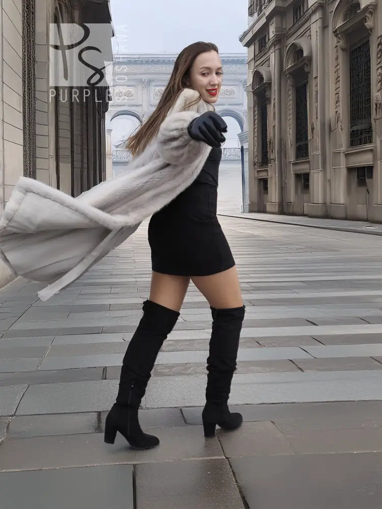 Light gray mink fur coat with wide collar, long sleeves, open front