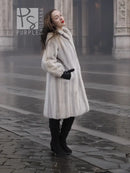 Light gray mink fur coat with stand collar and long sleeves, front angled view