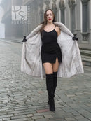 Light gray mink fur coat with flared sleeves and open front, long length.