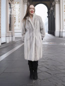 Light gray mink fur coat with stand collar and straight full-length silhouette