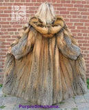 Back view hooded cross fox fur coat with large fur hood and tan/brown striped yoke