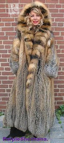 Hooded long fur coat with multi-tone striped patches and front button placket
