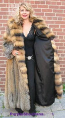Hooded cross fox fur coat with black inner layer peeking, gray and tan striped panels
