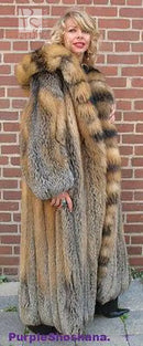 Hooded cross fox fur coat with side view, gray and tan stripe pattern, full length