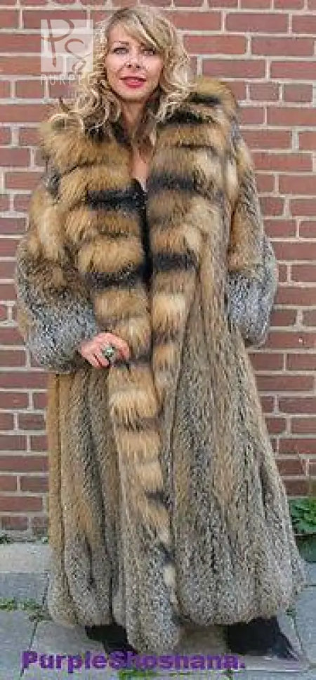 Sensational Hooded Solid Multi Color Cross Fox Canadian Fur Coat 80" Sweep M/L