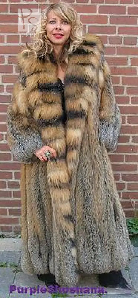 Hooded cross fox fur coat with large fur hood, gray and tan striped panels, long
