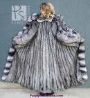 Back silver fox fur coat with ruffled collar, flared skirt, long sleeves