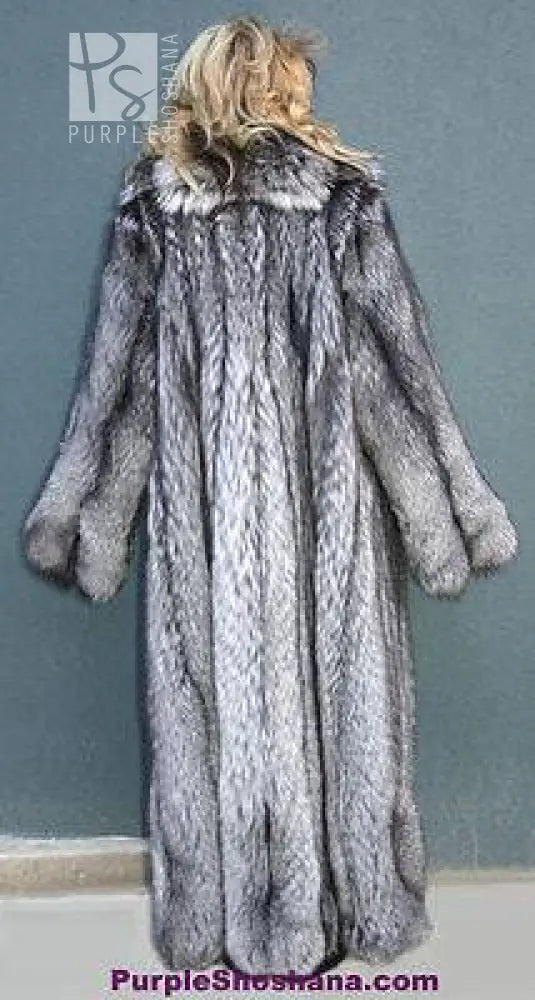 Back view of long silver fox fur coat with ruffled collar and full sleeves