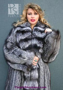 Front silver fox fur coat with ruffled collar, button-front, long sleeves