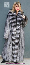 Long silver fox fur coat with thick ruffled collar, button-front, full sleeves