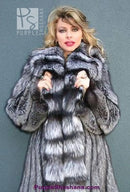Silver fox fur coat with ruffled collar, button-front, plush full sleeves