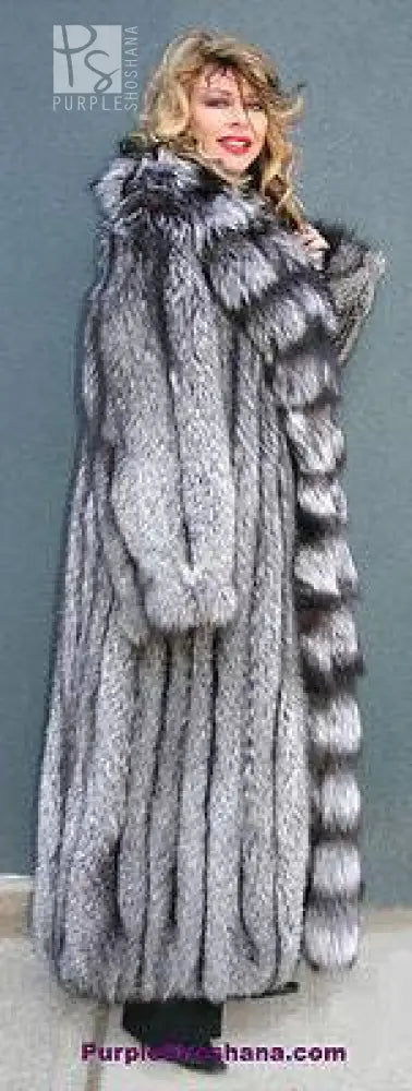 Long silver fox fur coat with ruffled shoulder collar, open front, full sleeves