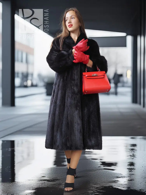 Black mink fur vintage coat, front view with red gloves and red handbag