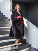 Black mink fur coat, oversized collar, knee-length swing silhouette