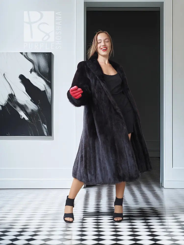 Black mink fur vintage coat, long swing style with wide sleeves