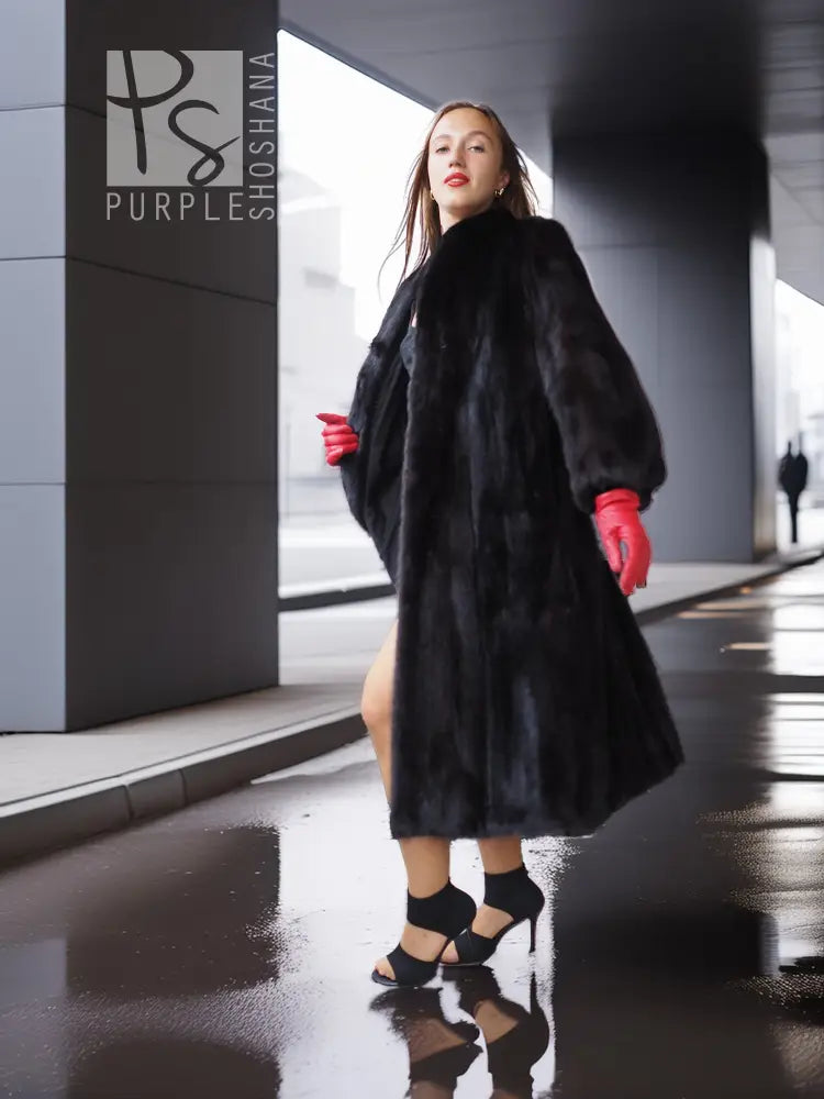 Black mink fur vintage coat, 3/4 view with red gloves