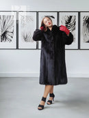 Long black mink fur coat, buttoned front and straight skirt
