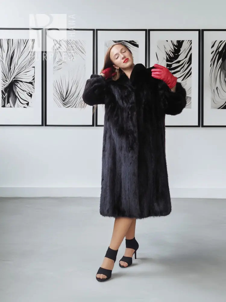Long black mink fur coat, buttoned front and straight skirt