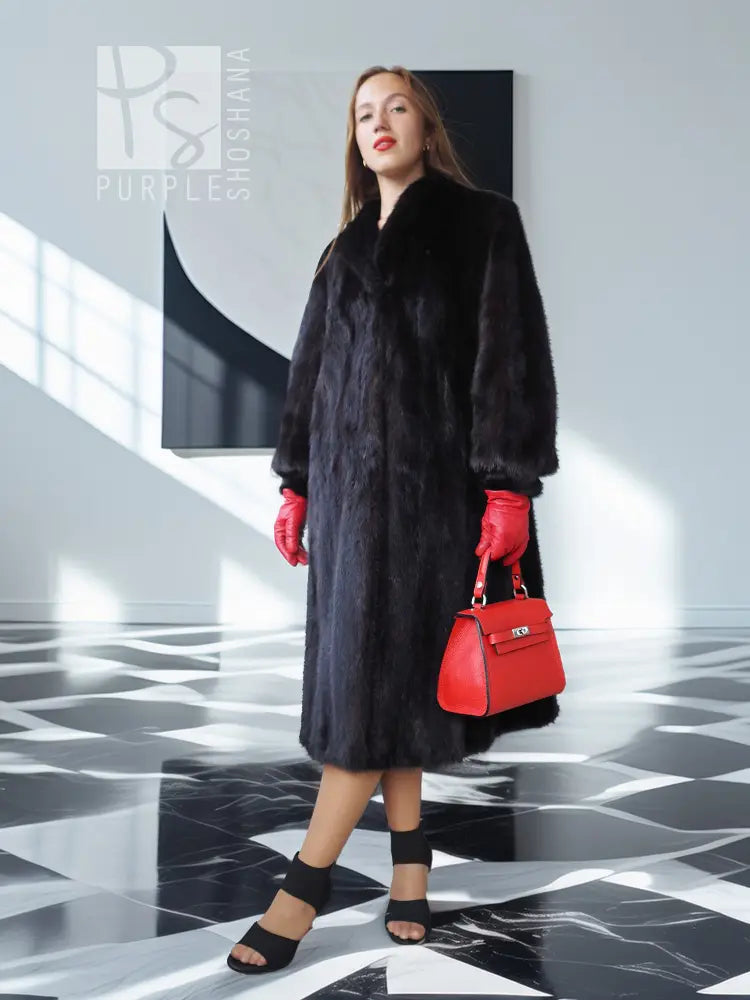 Black mink fur vintage coat, front view, knee-length with flared cuffs