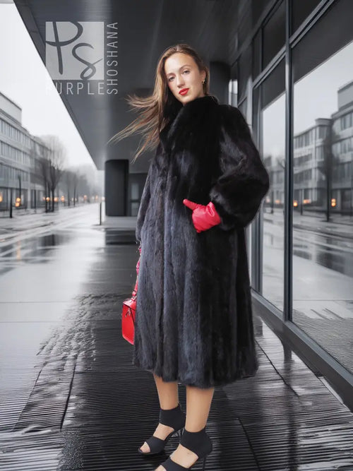 Vintage dark mink fur coat with wide collar, long straight silhouette, red gloves.