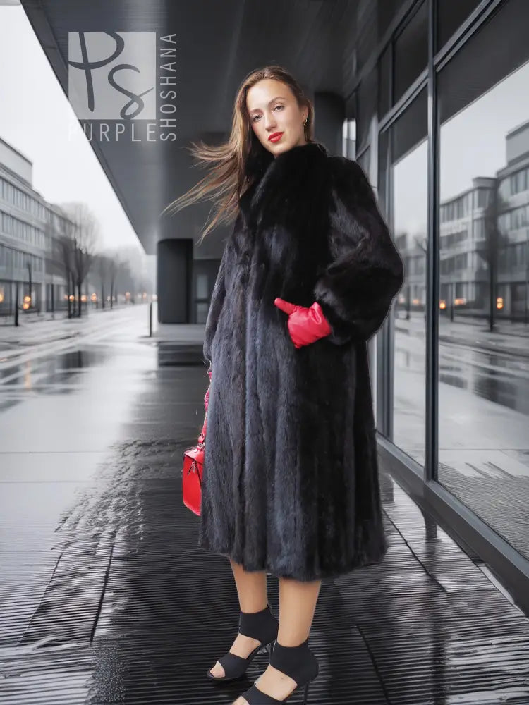 Vintage dark mink fur coat with wide collar, long straight silhouette, red gloves.