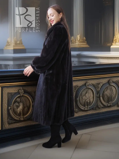 Black mink fur coat with fox fur collar, back/side view with one leg forward