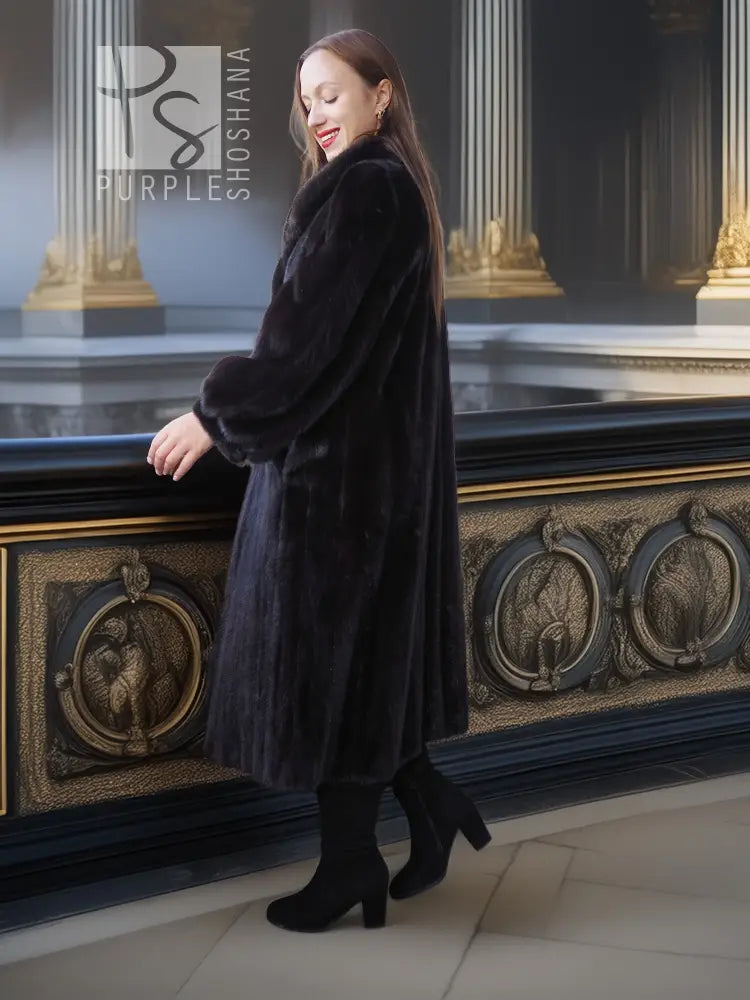 Black mink fur coat with fox fur collar, back/side view with one leg forward