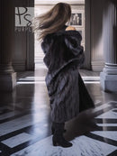 Black mink fur coat back view with wide shawl collar and long sleeves