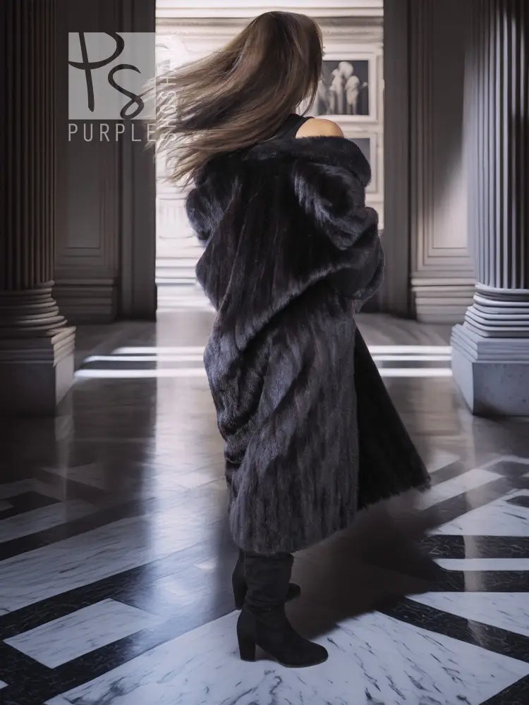 Black mink fur coat back view with wide shawl collar and long sleeves