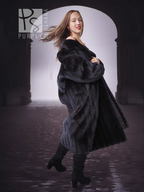 Black mink fur coat with rounded wide collar, side pose