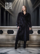 Black mink fur coat with fox fur collar, full-length front view
