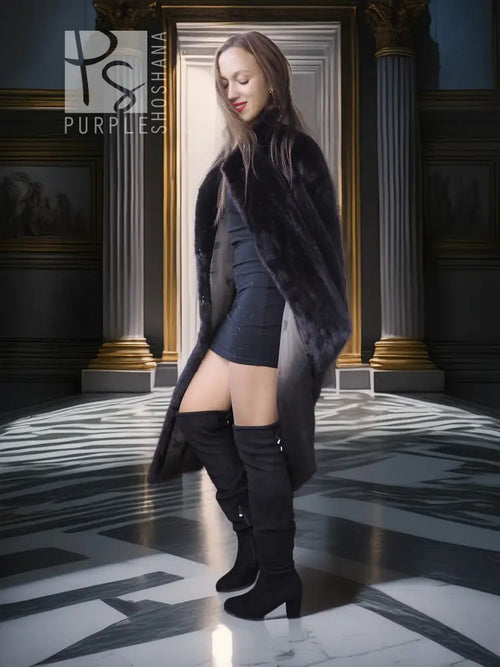 Black mink fur coat with wide collar and knee-length hem, side view