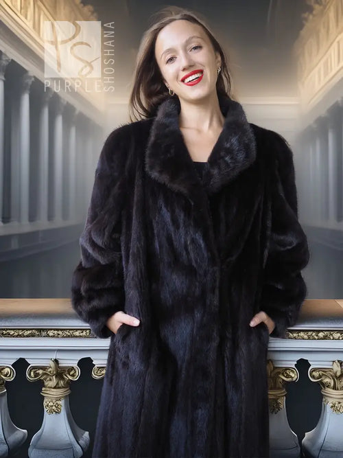 Black mink fur coat with fox fur collar, smiling front close-up