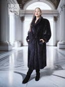 Black mink fur coat with fox fur collar, long full-body standing pose