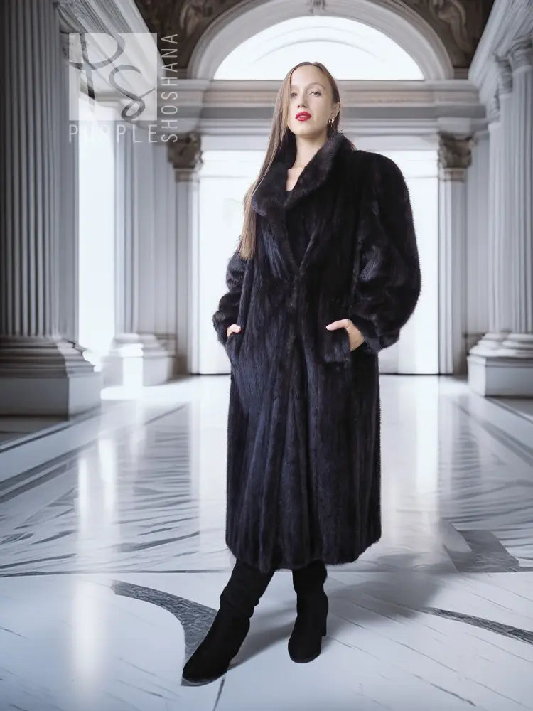 Black mink fur coat with fox fur collar, long full-body standing pose