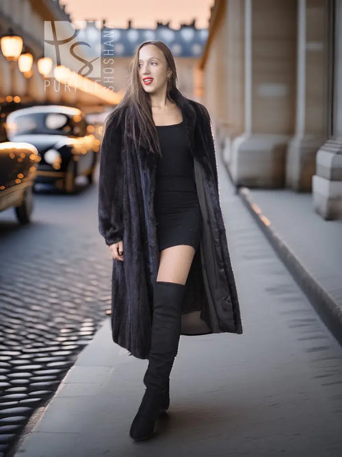 Black mink fur coat with wide collar, front walking stance