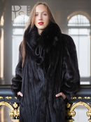 Black mink fur coat with fox fur collar, chest-up portrait