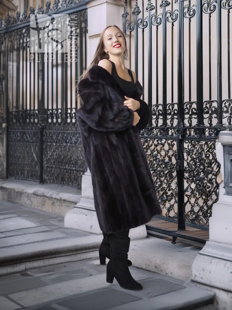 Black mink fur coat with wide collar, full-length outdoor standing pose